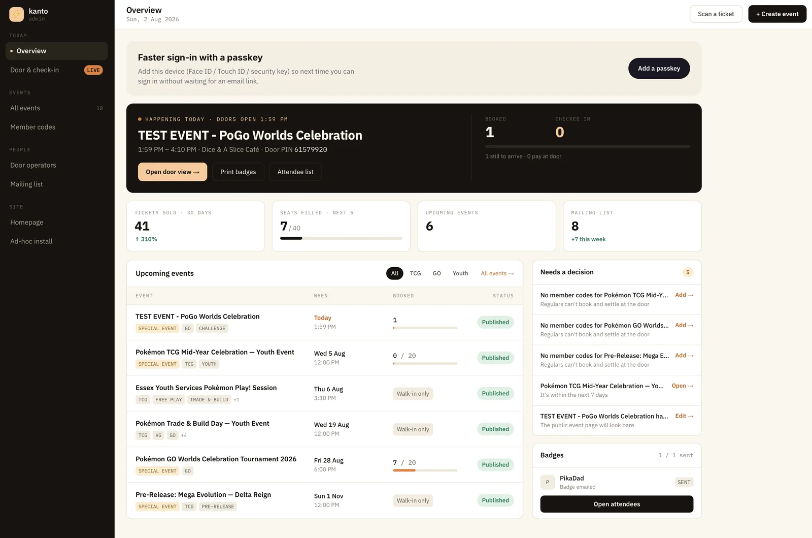 The Kanto admin control panel showing events and attendees