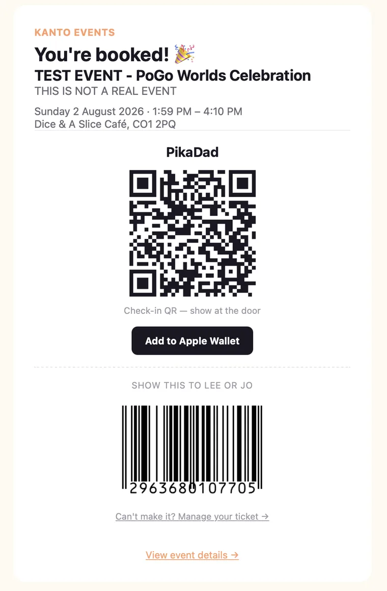 A booked ticket email showing a QR code, Add to Apple Wallet button and a barcode