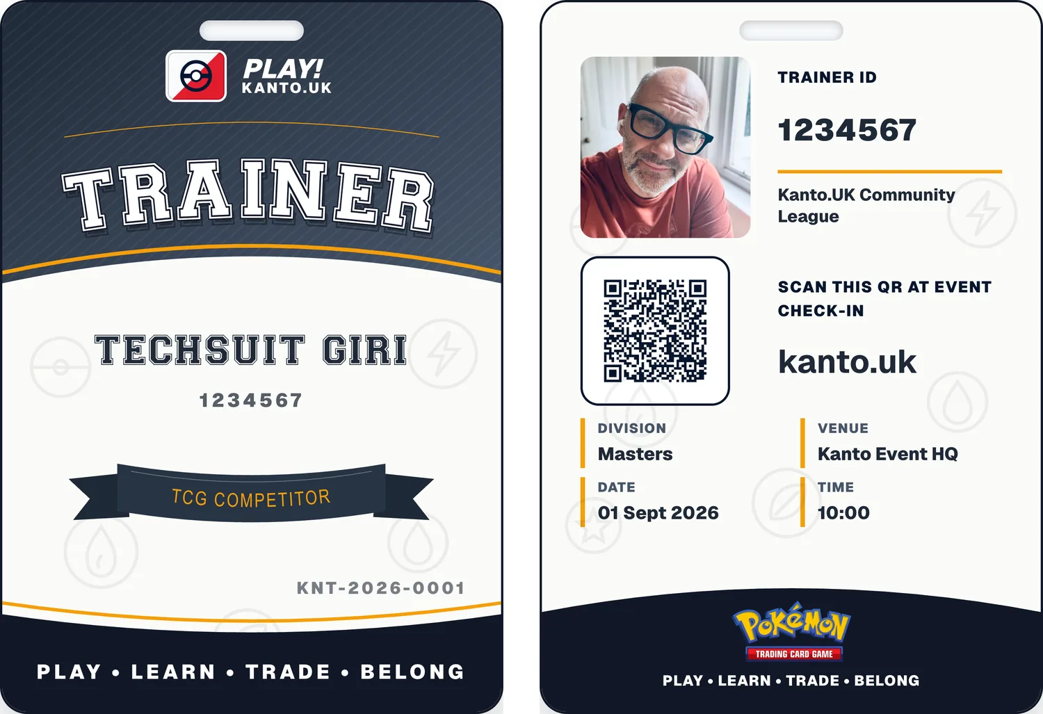 A printed trainer ID badge shown front and back, with photo and Play ID
