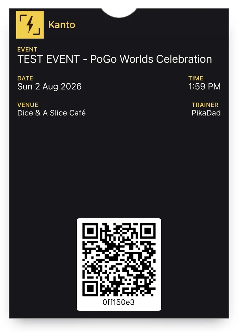 A Kanto event ticket saved as a pass in Apple Wallet, with the event, date, venue and a scannable QR code